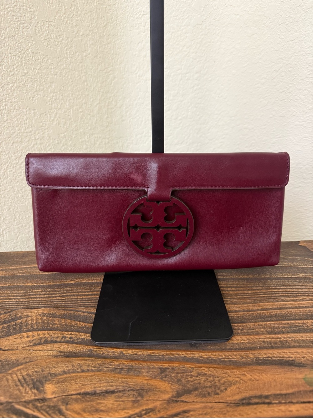 Tory Burch Miller Burgundy Leather Logo Foldover Clutch